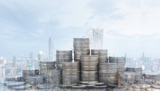 金融背景财产基金概念关于房地产业务的硬币堆叠图单背景图片