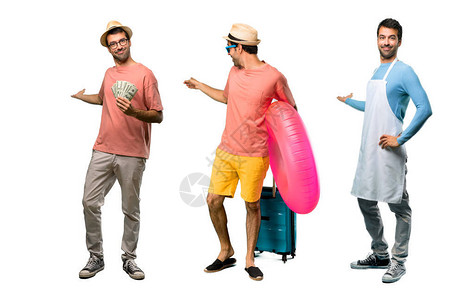 一群有账单的男人厨师和戴着帽子和太阳镜的男人在暑假里用食指图片