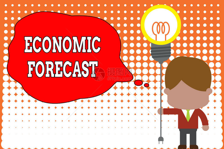 手写文字书写经济预测概念照片对经济状况进行预测的过程站立的人领带拿着插头座灯泡来连图片