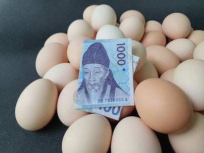 鸡蛋消费和生产成本价格南韩1000韩圆钞票和有机鸡蛋图片
