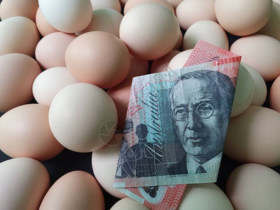 鸡蛋20美元澳大利亚钞票和一堆有机鸡蛋的消费和图片