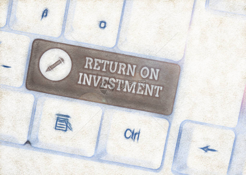 显示投资回报的文本符号商业照片展示净利润与投资成本之间的比率白色pc键盘图片