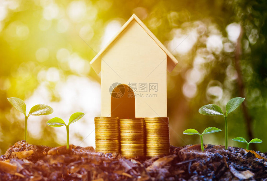 存钱住房贷款抵押贷款未来概念的房地产投资在一堆硬币和在土壤上种植绿色植物的小房子模型一项图片