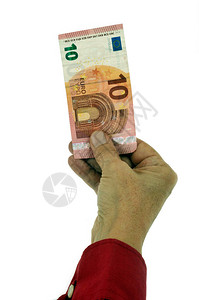 十欧元钞票在手关闭在白色背景图片