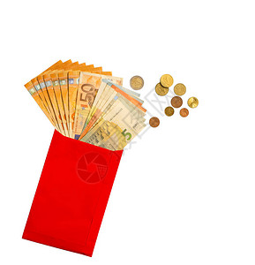 红纸信封中的欧元纸币金币银币和铜币背景图片