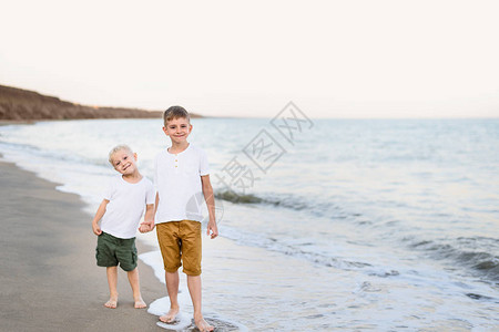 两兄弟沿着海岸走在手边探亲图片