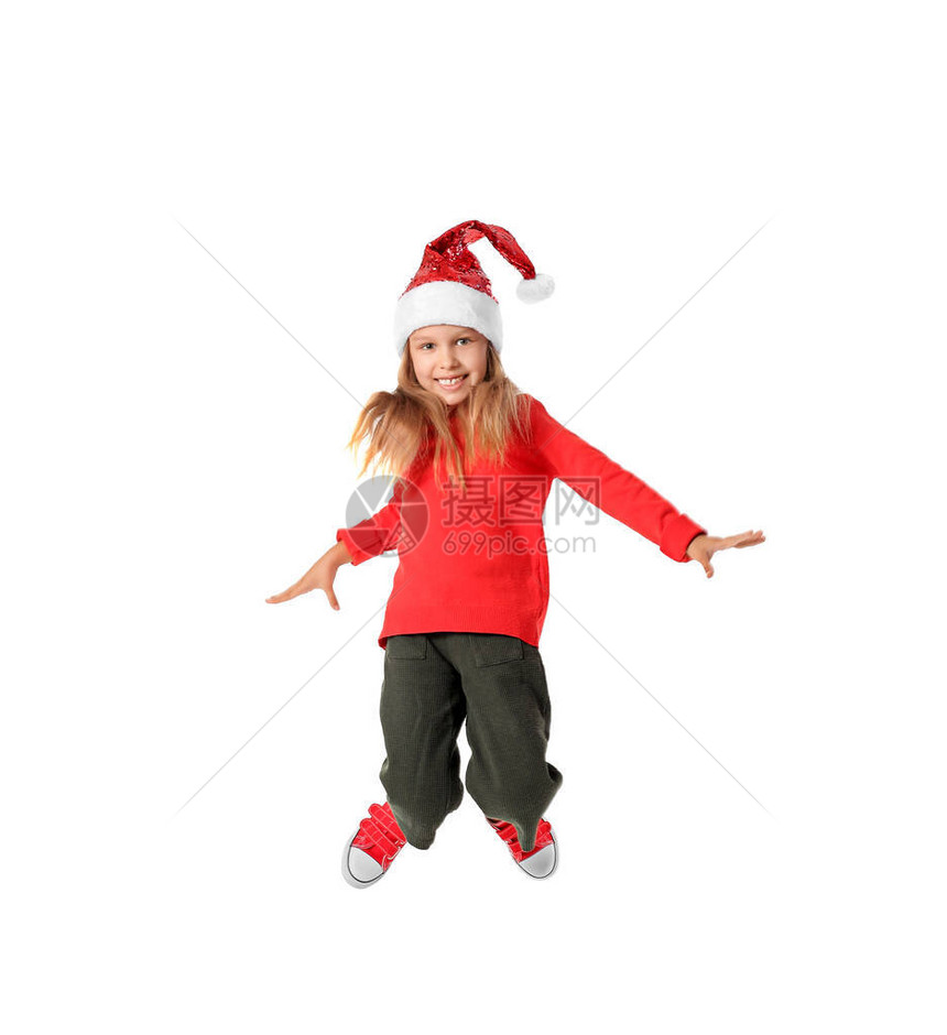 穿着圣诞老人帽子的小女孩穿白色图片