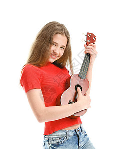 在白色背景下弹吉他的少女图片