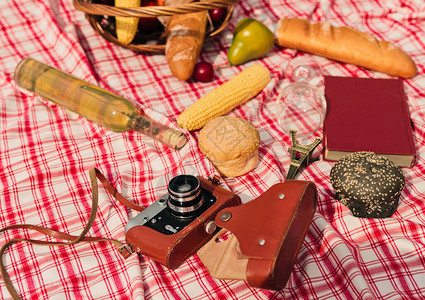 法式复古风格的野餐在户外方格红色桌布上放着水果法式面包书复图片