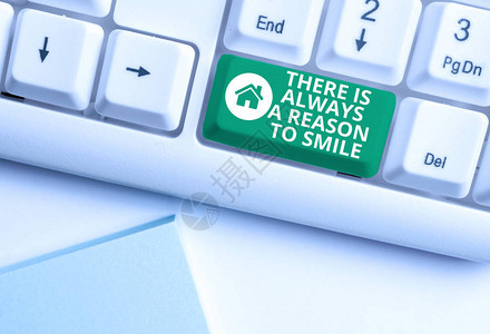 手写文字写作总是有微笑的理由概念照片积极思考良好态度能量白色pc键盘图片