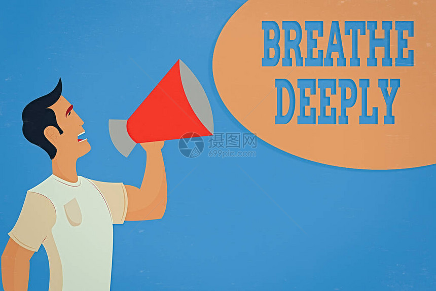 文字书写文本深呼吸商业照片展示了将大量空气吸入肺部充分呼气穿着衬衫站着说话的男人拿着图片