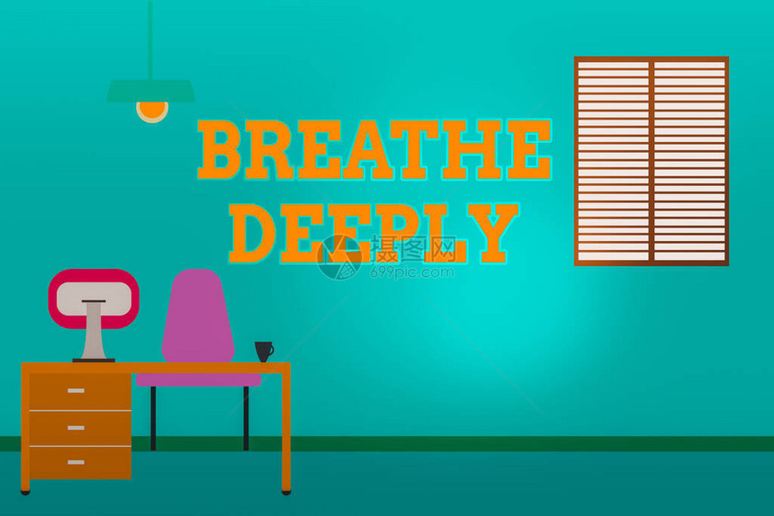 概念手写显示深呼吸概念意味着将大量空气吸入肺部吸入完全简约的室内计算机和房图片