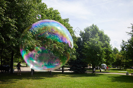大有色肥皂泡沫在夏季公园中飘扬图片
