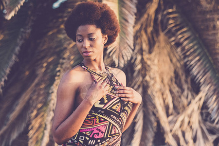黑人非洲美貌年轻女子以传统民族服装和ffro发型热带棕榈背景的热图片