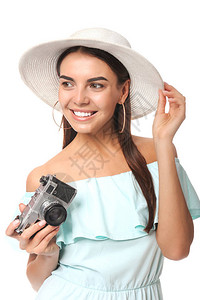 白色背景带照相摄影相机的女背景图片