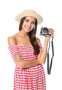 白色背景带照相摄影相机的女图片