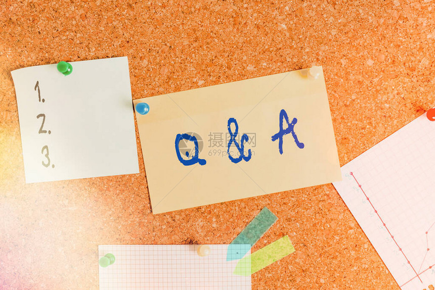 文字书写文本Q和A商业照片展示定义为问题被问和回答Corkboard彩色尺寸纸针图钉图片