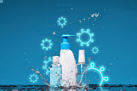 瓶装防腐液肥皂喷洒水的喷雾和凝胶图片