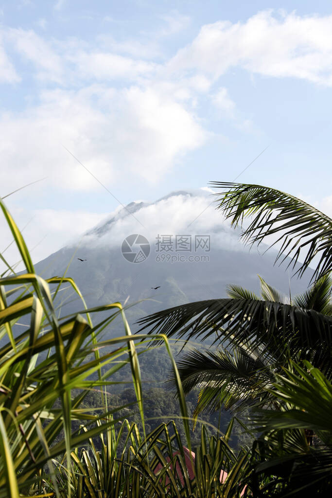 在云雾中的阿雷纳尔火山锥哥斯达黎加丛林中图片