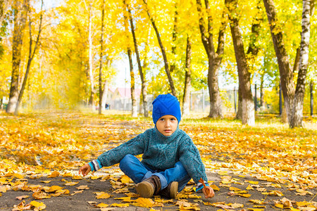 穿着毛衣和帽子的男孩在秋天图片