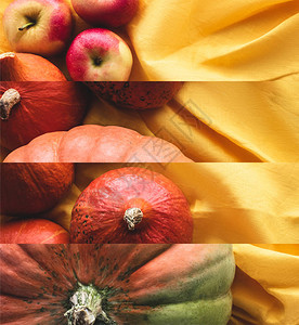 黄布上熟橙色天然南瓜和苹果的拼贴图片