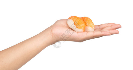 手握沙门鱼寿司白图片