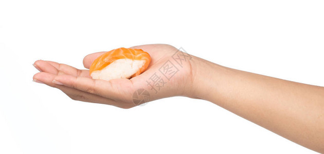 手握沙门鱼寿司白图片