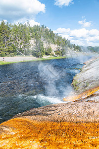 黄石公园的火洞河热水瀑布图片