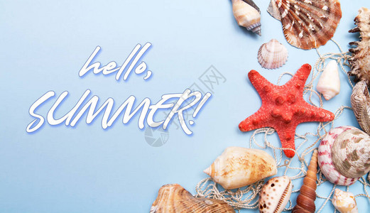 夏月蓝贝壳背景的假期温暖夏天冒险的概念笑声图片