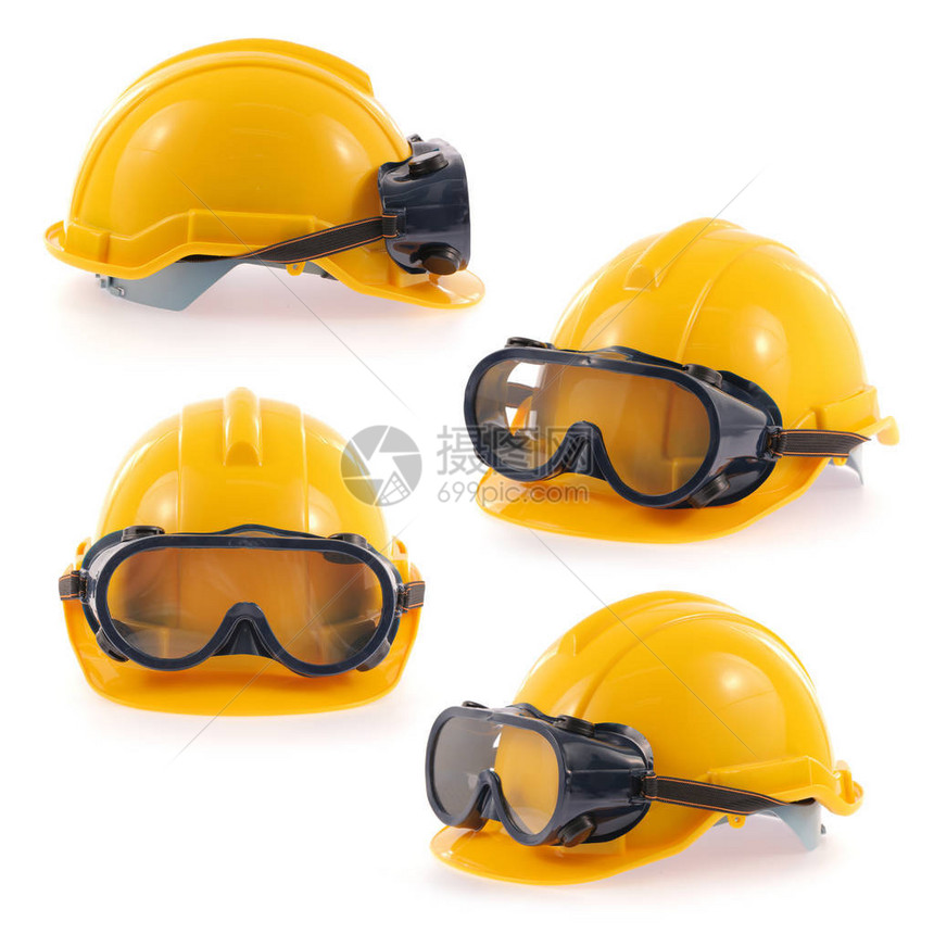 头盔和安全眼镜在白色图片