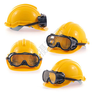 头盔和安全眼镜在白色图片