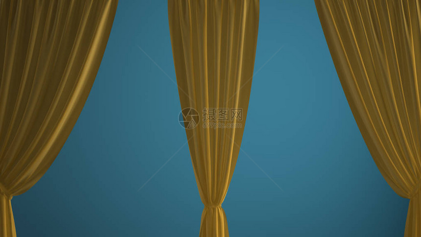黄色开窗帘覆盖蓝色背景前视剪切路径垂直折叠软拖线纺织品纹理带有复制空图片
