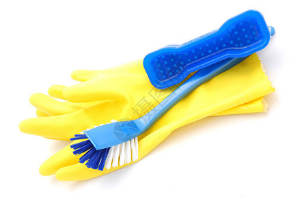 黄色家庭手套上两个蓝色刷子图片