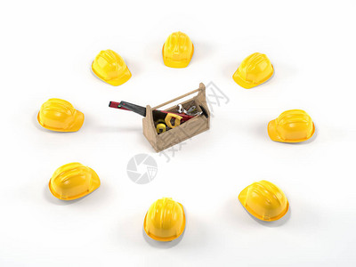 带有工具的木质工具箱由白色背景的黄图片