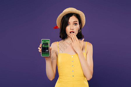 穿着草帽的女孩展示思想手势拿着智能手机用在紫色上隔图片