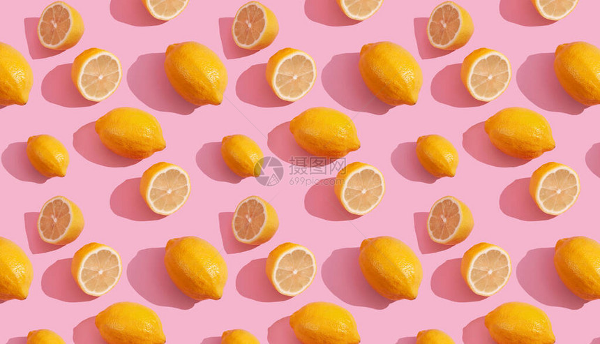 粉红色背景的黄柠檬连续无缝接模式图片