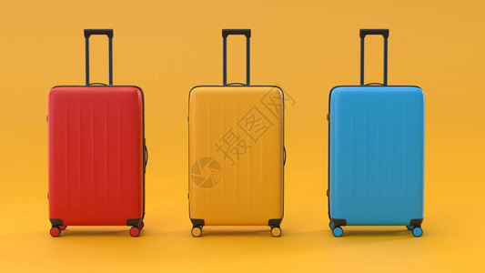 红色塑料旅行袋黄色和蓝色案件旅行概念图片