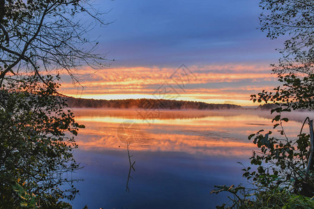 森林湖中的红色黎明图片