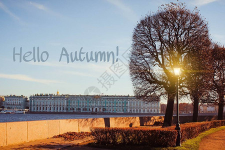 横幅你好秋天新的一个月问候卡的秋天照片中的文字四季树叶树城图片