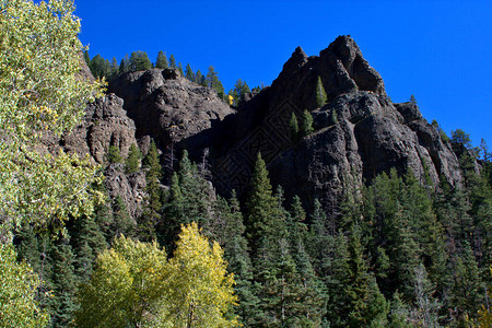 落基山脉的落基山脉被一年中的秋天色彩所包围的落基山峰图片