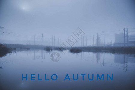 横幅你好秋天新的一个月问候卡的秋天照片中的文字四季浓雾中的树木图片