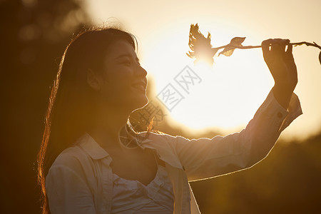 女生剪影素材阳光下拿着花的美女剪影背景