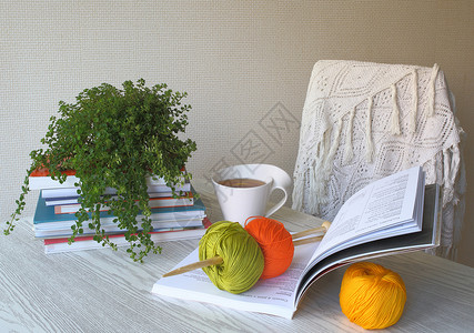桌子上的针织书籍茶和披肩室内的一部分图片