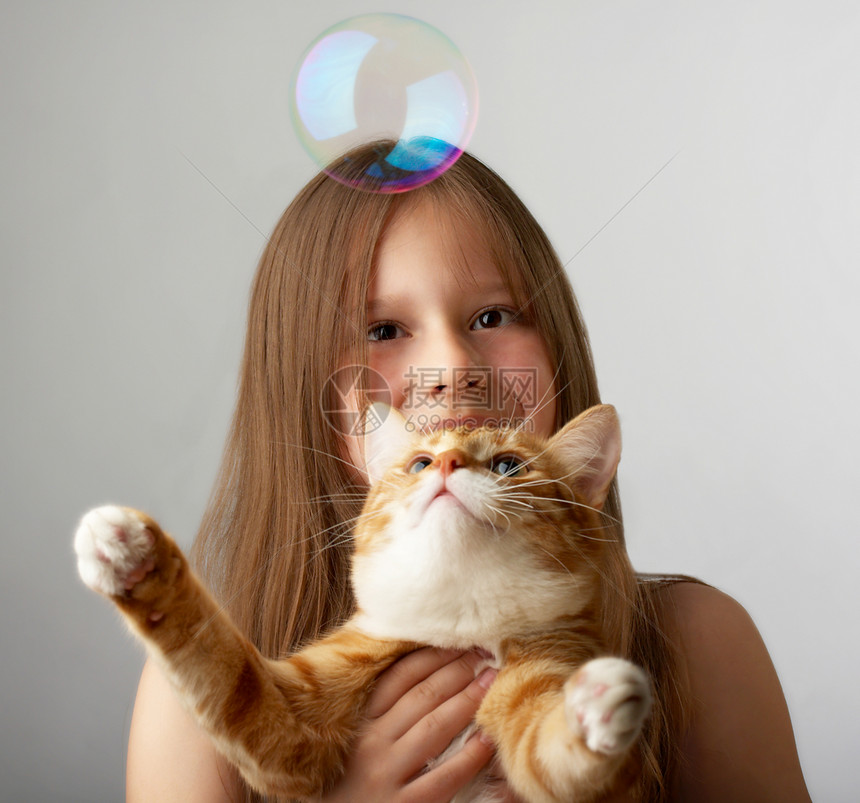 小女孩坐着拿着一只红猫它图片