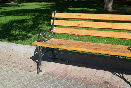 公园里的长木凳长着绿草图片