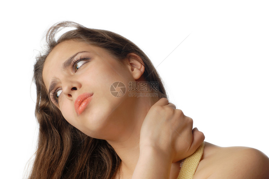 悲伤疲惫的女人按摩她的脖子并遭受痛苦图片