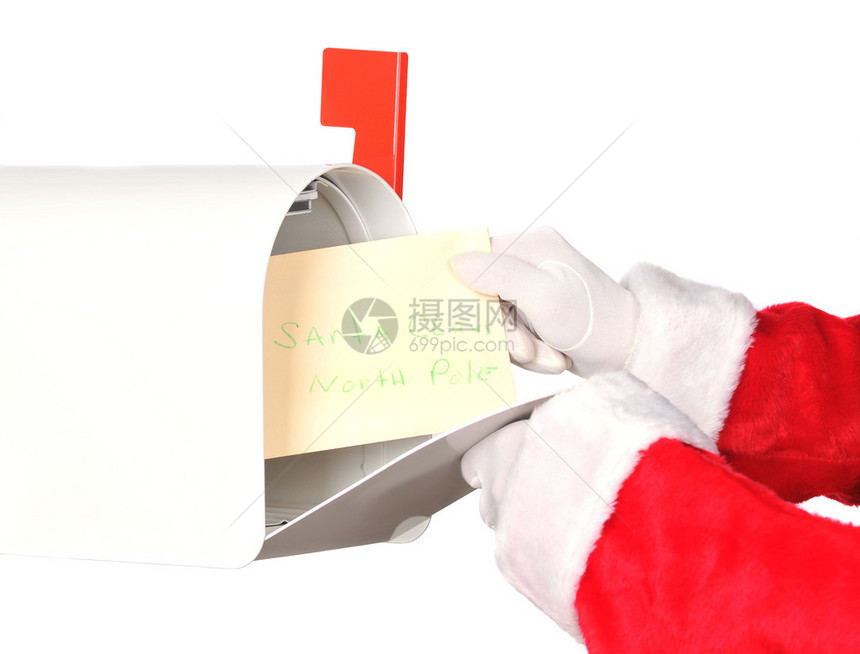 圣诞老人从他的信箱里拿了一封信水平隔离在白图片