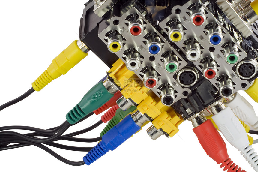 用于音频和视频设备的蓝色绿色黄色白色和红色RCA连接器在白色上隔离图片