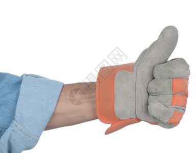 手戴套的工人用拇指举起手势图片