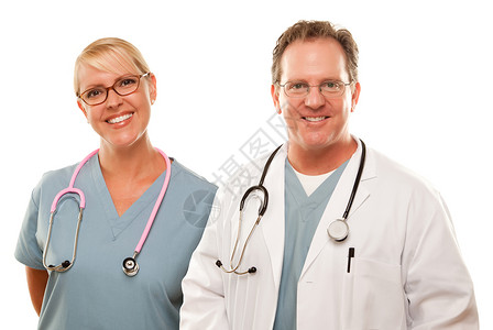 以白人背景孤立的男女医生或护士图片